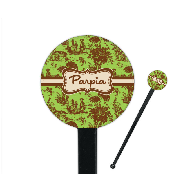 Custom Green & Brown Toile 7" Round Plastic Stir Sticks - Black - Double Sided (Personalized)