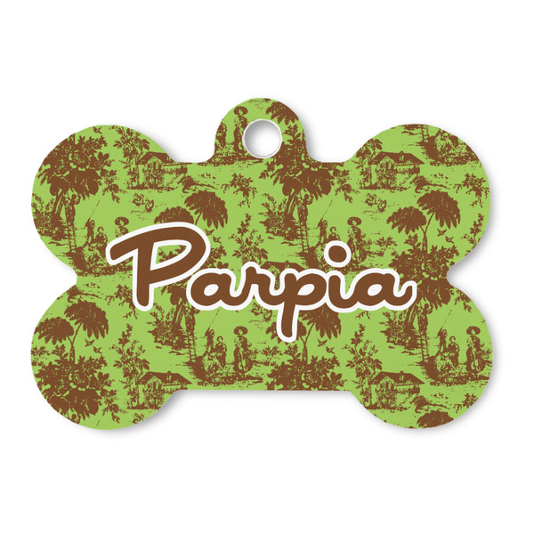 Custom Green & Brown Toile Bone Shaped Dog ID Tag (Personalized)