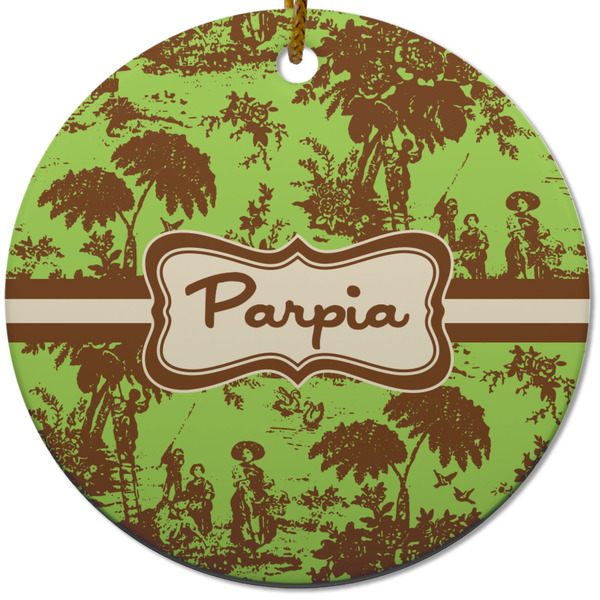 Custom Green & Brown Toile Round Ceramic Ornament w/ Name or Text