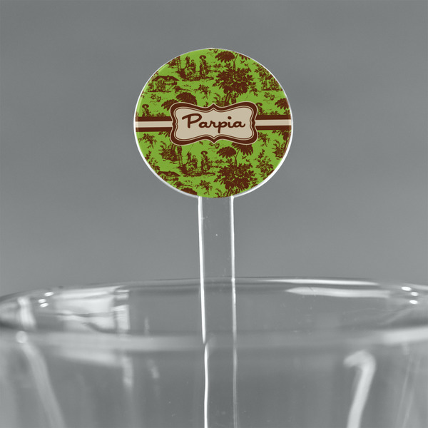 Custom Green & Brown Toile 7" Round Plastic Stir Sticks - Clear (Personalized)