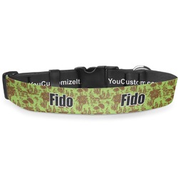 Green & Brown Toile Deluxe Dog Collar - Large (13" to 21") (Personalized)