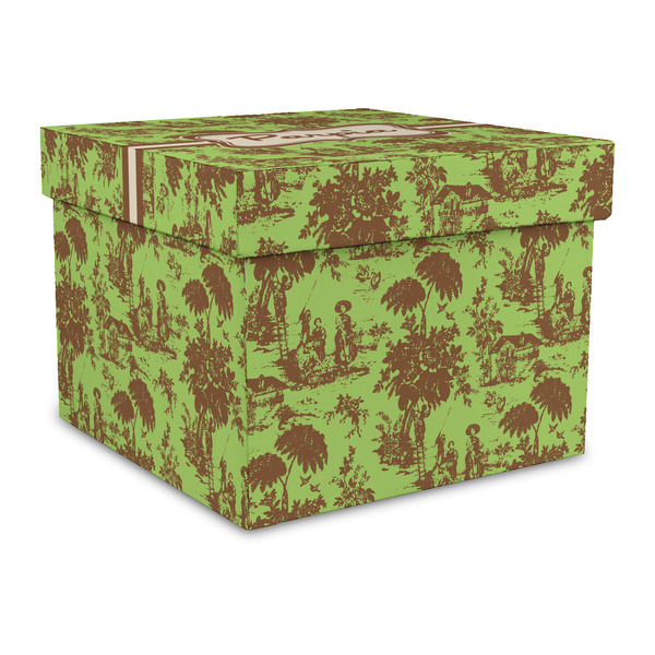 Custom Green & Brown Toile Gift Box with Lid - Canvas Wrapped - Large (Personalized)