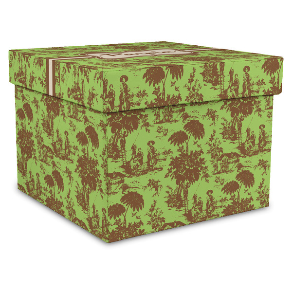 Custom Green & Brown Toile Gift Box with Lid - Canvas Wrapped - X-Large (Personalized)