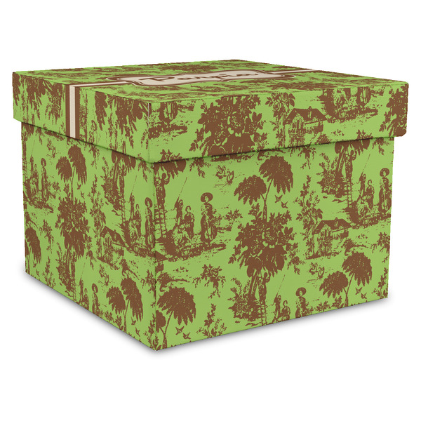 Custom Green & Brown Toile Gift Box with Lid - Canvas Wrapped - XX-Large (Personalized)