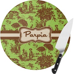Green & Brown Toile Round Glass Cutting Board - Medium (Personalized)