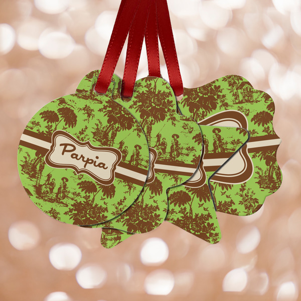 Custom Green & Brown Toile Metal Ornaments - Double Sided w/ Name or Text