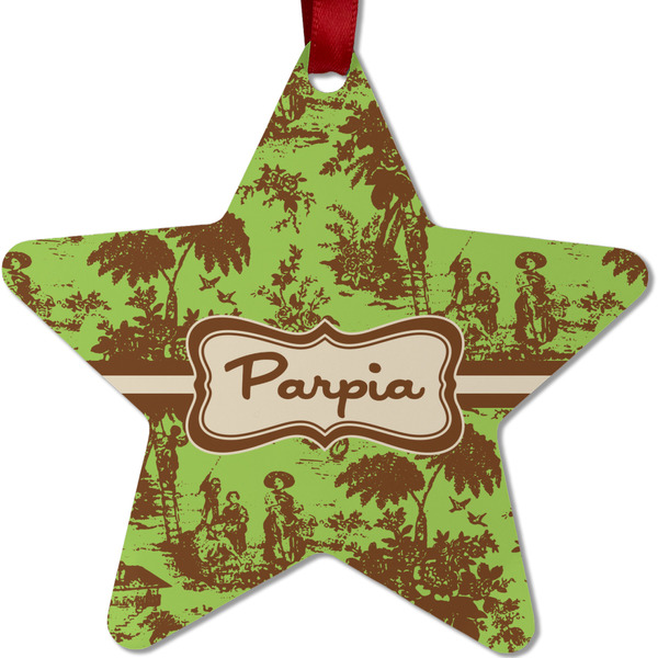 Custom Green & Brown Toile Metal Star Ornament - Double Sided w/ Name or Text