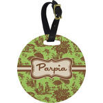 Green & Brown Toile Plastic Luggage Tag - Round (Personalized)