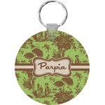 Green & Brown Toile Round Plastic Keychain (Personalized)