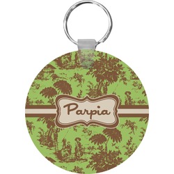 Green & Brown Toile Round Plastic Keychain (Personalized)