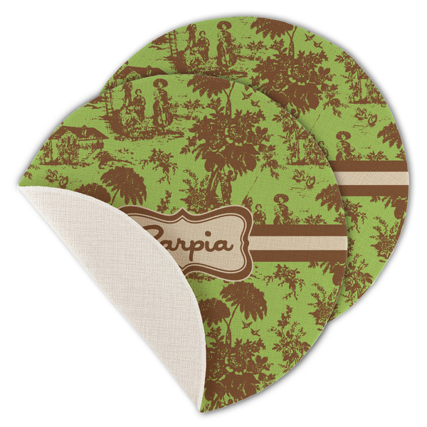 Custom Green & Brown Toile Round Linen Placemat - Single Sided - Set of 4 (Personalized)