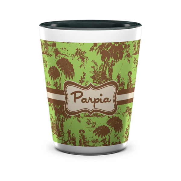 Custom Green & Brown Toile Ceramic Shot Glass - 1.5 oz - Two Tone - Single (Personalized)