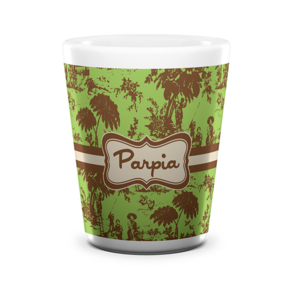 Custom Green & Brown Toile Ceramic Shot Glass - 1.5 oz - White - Single (Personalized)