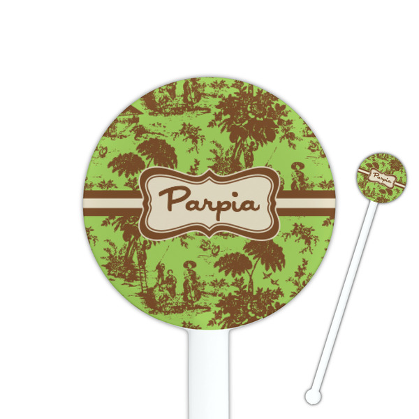 Custom Green & Brown Toile 5.5" Round Plastic Stir Sticks - White - Double Sided (Personalized)