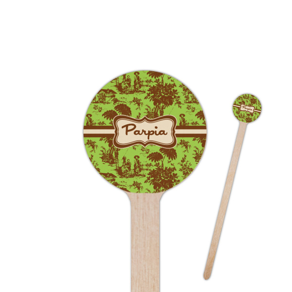 Custom Green & Brown Toile 7.5" Round Wooden Stir Sticks - Single Sided (Personalized)