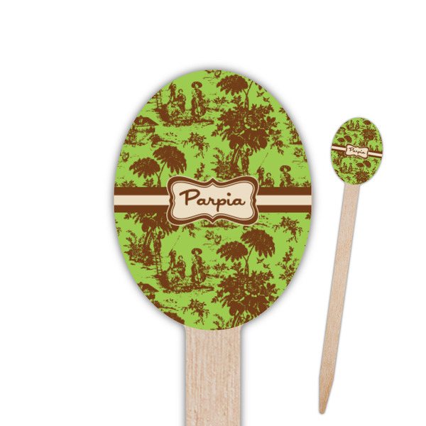 Custom Green & Brown Toile Oval Wooden Food Picks - Double Sided (Personalized)