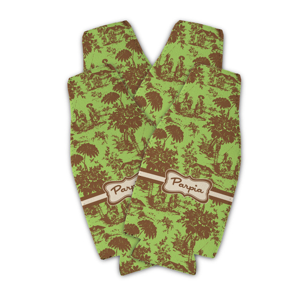 Custom Green & Brown Toile Zipper Bottle Cooler - Set of 4 (Personalized)