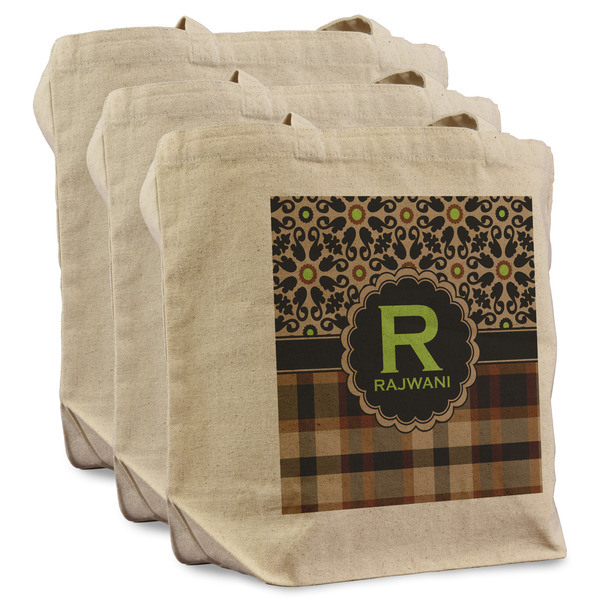 Custom Moroccan Mosaic & Plaid Reusable Cotton Grocery Bags - Set of 3 (Personalized)