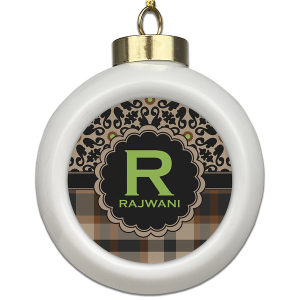 Custom Moroccan Mosaic & Plaid Ceramic Ball Ornament (Personalized)