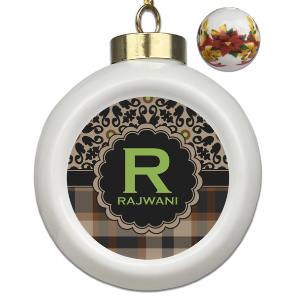 Custom Moroccan Mosaic & Plaid Ceramic Ball Ornaments - Poinsettia Garland (Personalized)