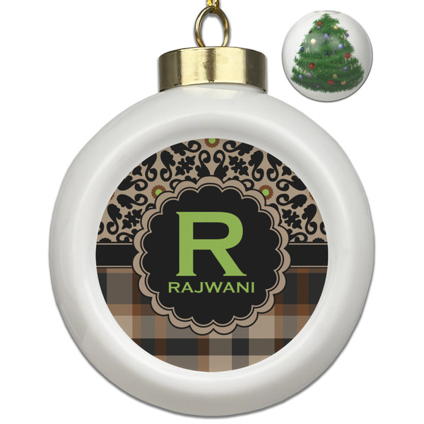 Custom Moroccan Mosaic & Plaid Ceramic Ball Ornament - Christmas Tree (Personalized)