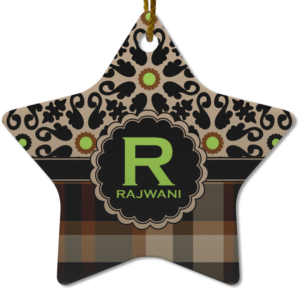 Custom Moroccan Mosaic & Plaid Star Ceramic Ornament w/ Name and Initial