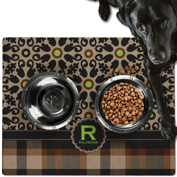 Custom Moroccan Mosaic & Plaid Dog Food Mat - Large w/ Name and Initial