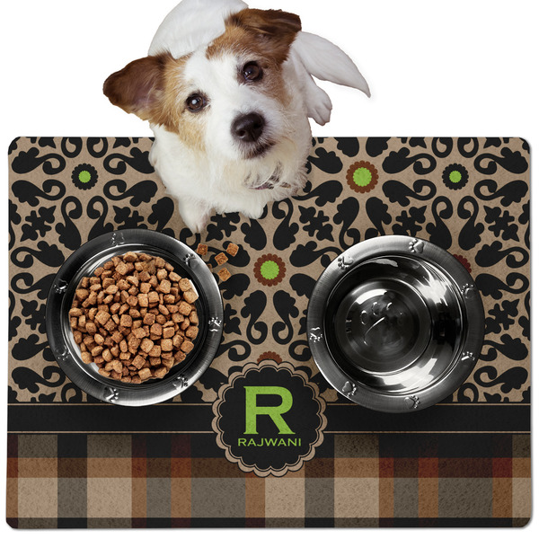 Custom Moroccan Mosaic & Plaid Dog Food Mat - Medium w/ Name and Initial