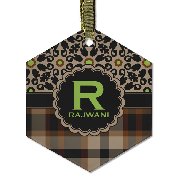 Custom Moroccan Mosaic & Plaid Flat Glass Ornament - Hexagon w/ Name and Initial