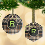 Moroccan Mosaic & Plaid Flat Glass Ornament w/ Name and Initial