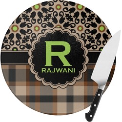 Moroccan Mosaic & Plaid Round Glass Cutting Board - Medium (Personalized)