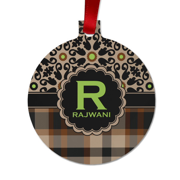 Custom Moroccan Mosaic & Plaid Metal Ball Ornament - Double Sided w/ Name and Initial