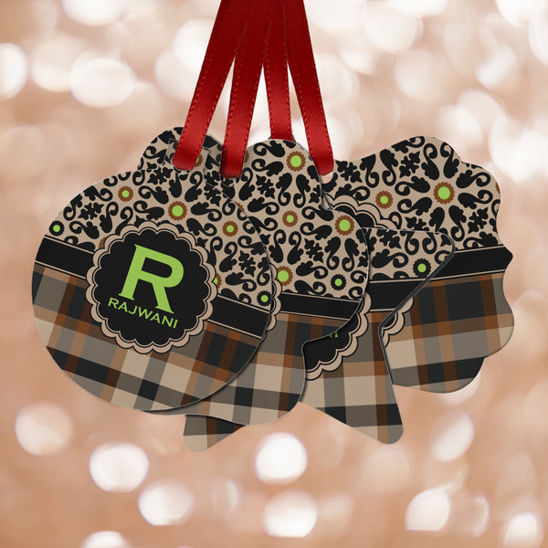 Custom Moroccan Mosaic & Plaid Metal Ornaments - Double Sided w/ Name and Initial