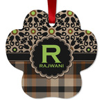 Moroccan Mosaic & Plaid Metal Paw Ornament - Double Sided w/ Name and Initial