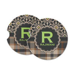 Moroccan Mosaic & Plaid Sandstone Car Coasters - Set of 2 (Personalized)