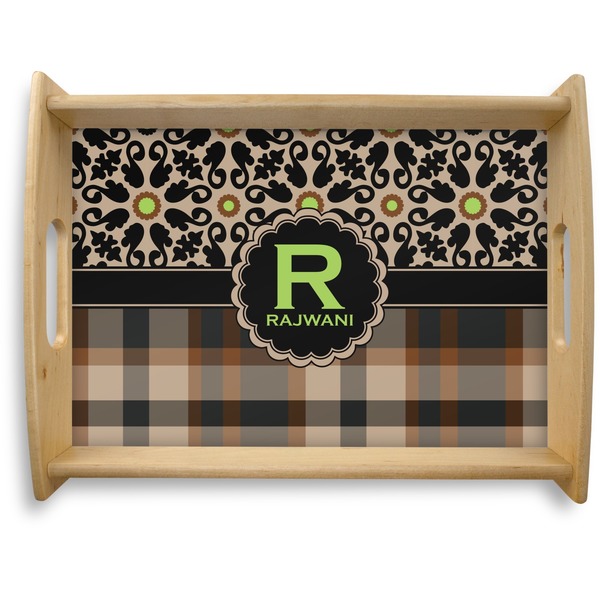 Custom Moroccan Mosaic & Plaid Natural Wooden Tray - Large (Personalized)