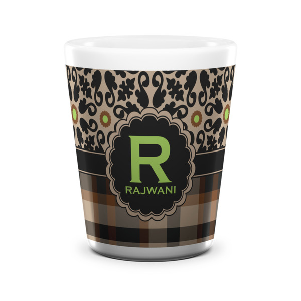 Custom Moroccan Mosaic & Plaid Ceramic Shot Glass - 1.5 oz - White - Single (Personalized)