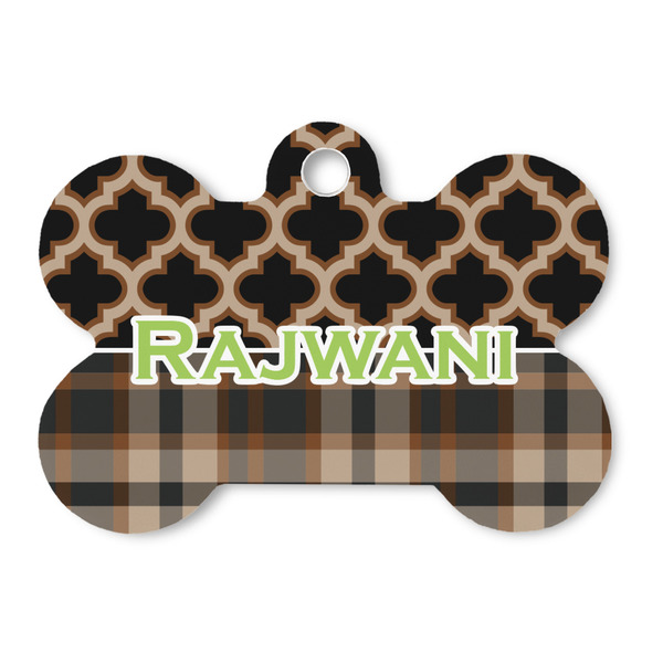 Custom Moroccan & Plaid Bone Shaped Dog ID Tag (Personalized)