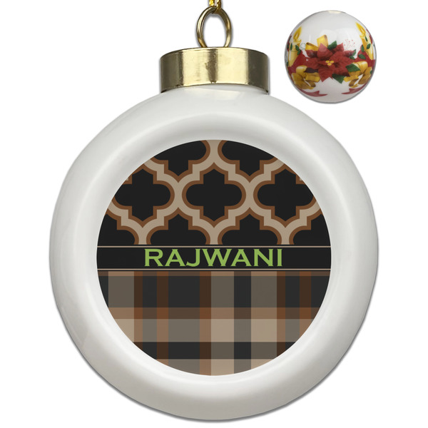 Custom Moroccan & Plaid Ceramic Ball Ornaments - Poinsettia Garland (Personalized)