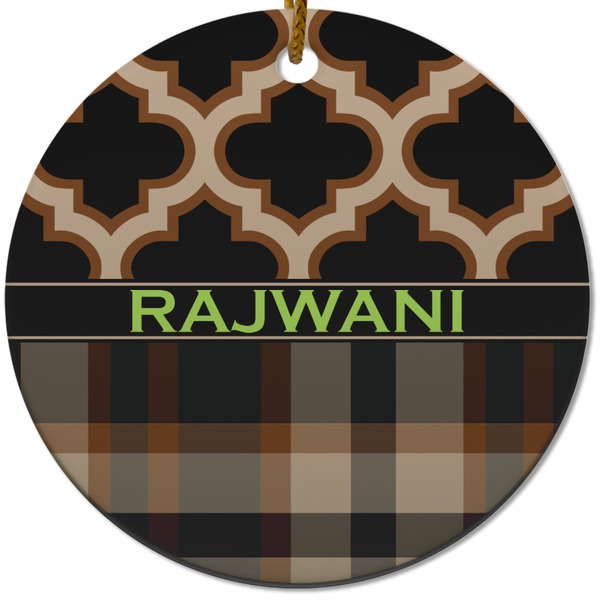 Custom Moroccan & Plaid Round Ceramic Ornament w/ Name or Text