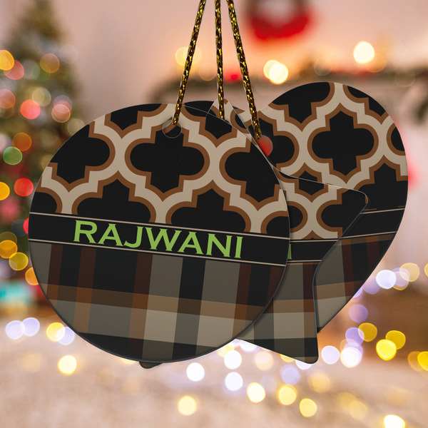 Custom Moroccan & Plaid Ceramic Ornament w/ Name or Text