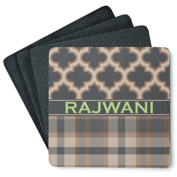 Custom Moroccan & Plaid Square Rubber Backed Coasters - Set of 4 (Personalized)