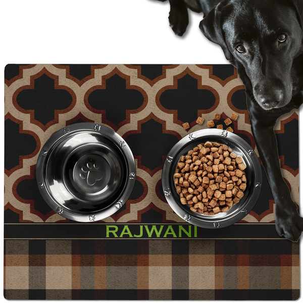 Custom Moroccan & Plaid Dog Food Mat - Large w/ Name or Text