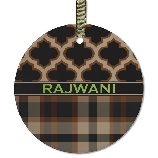 Custom Moroccan & Plaid Flat Glass Ornament - Round w/ Name or Text