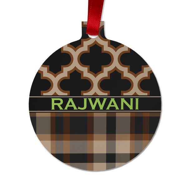 Custom Moroccan & Plaid Metal Ball Ornament - Double Sided w/ Name or Text