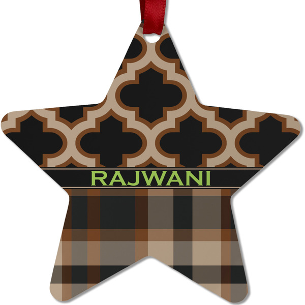 Custom Moroccan & Plaid Metal Star Ornament - Double Sided w/ Name or Text