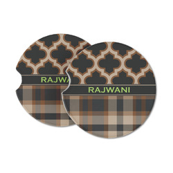 Moroccan & Plaid Sandstone Car Coasters - Set of 2 (Personalized)