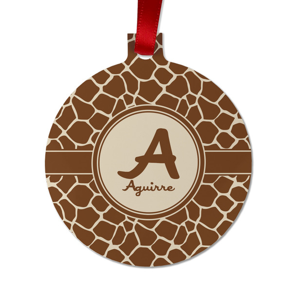 Custom Giraffe Print Metal Ball Ornament - Double Sided w/ Name and Initial