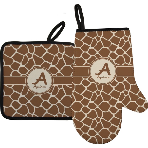 Custom Giraffe Print Right Oven Mitt & Pot Holder Set w/ Name and Initial