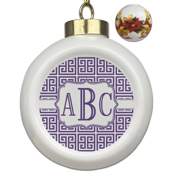 Custom Greek Key Ceramic Ball Ornaments - Poinsettia Garland (Personalized)